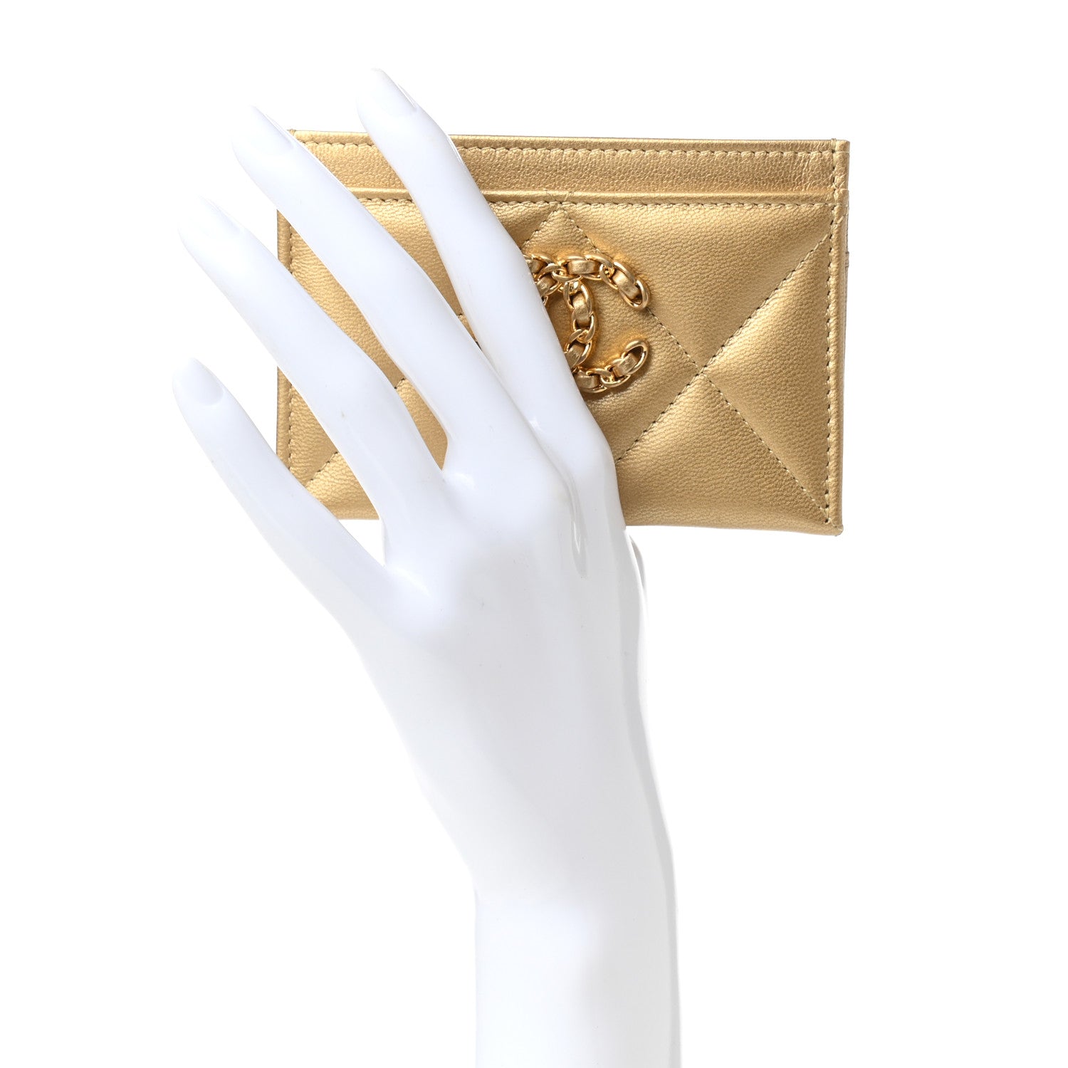 Chanel Metallic Lambskin Quilted Chanel 19 Card Holder Gold 2 of 8