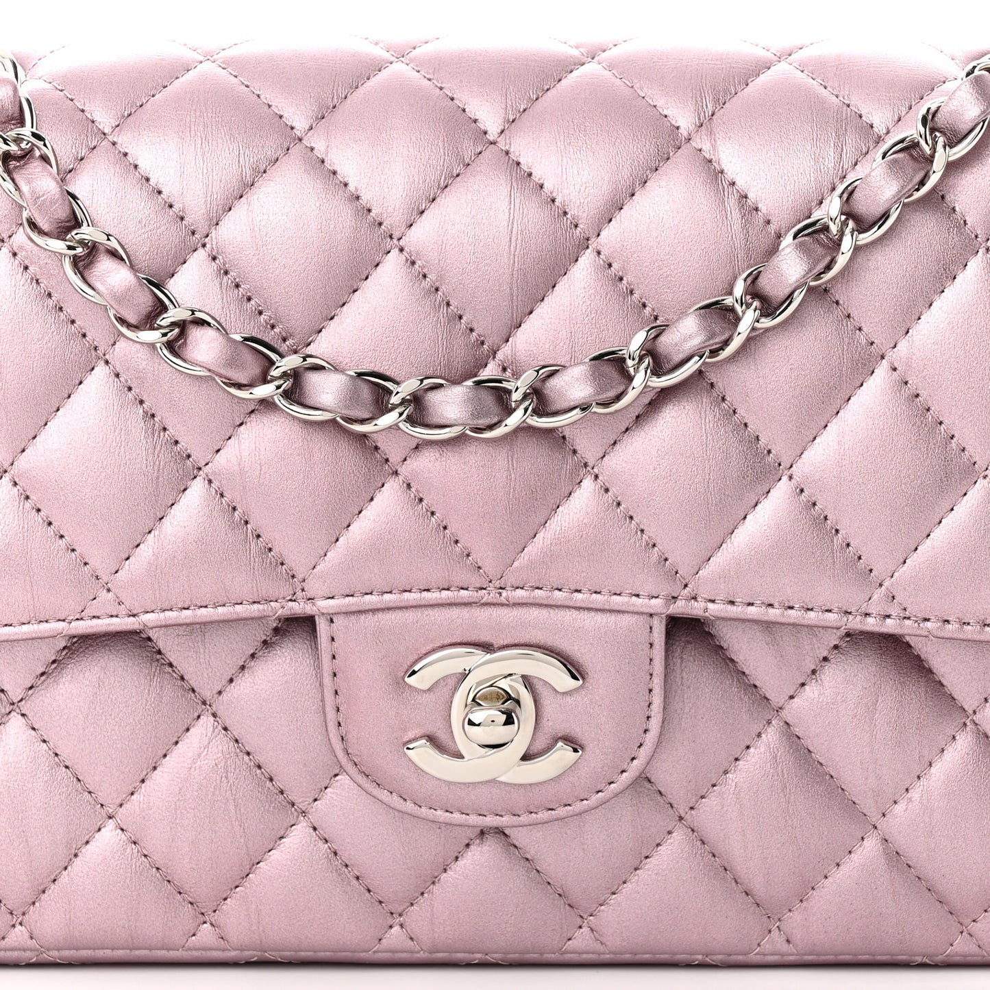 Metallic Calfskin Quilted Medium Double Flap Purple