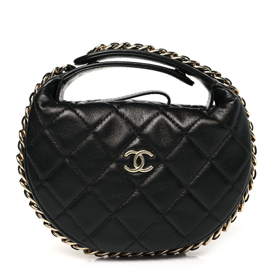 Lambskin Quilted Chain Around Pouch Black