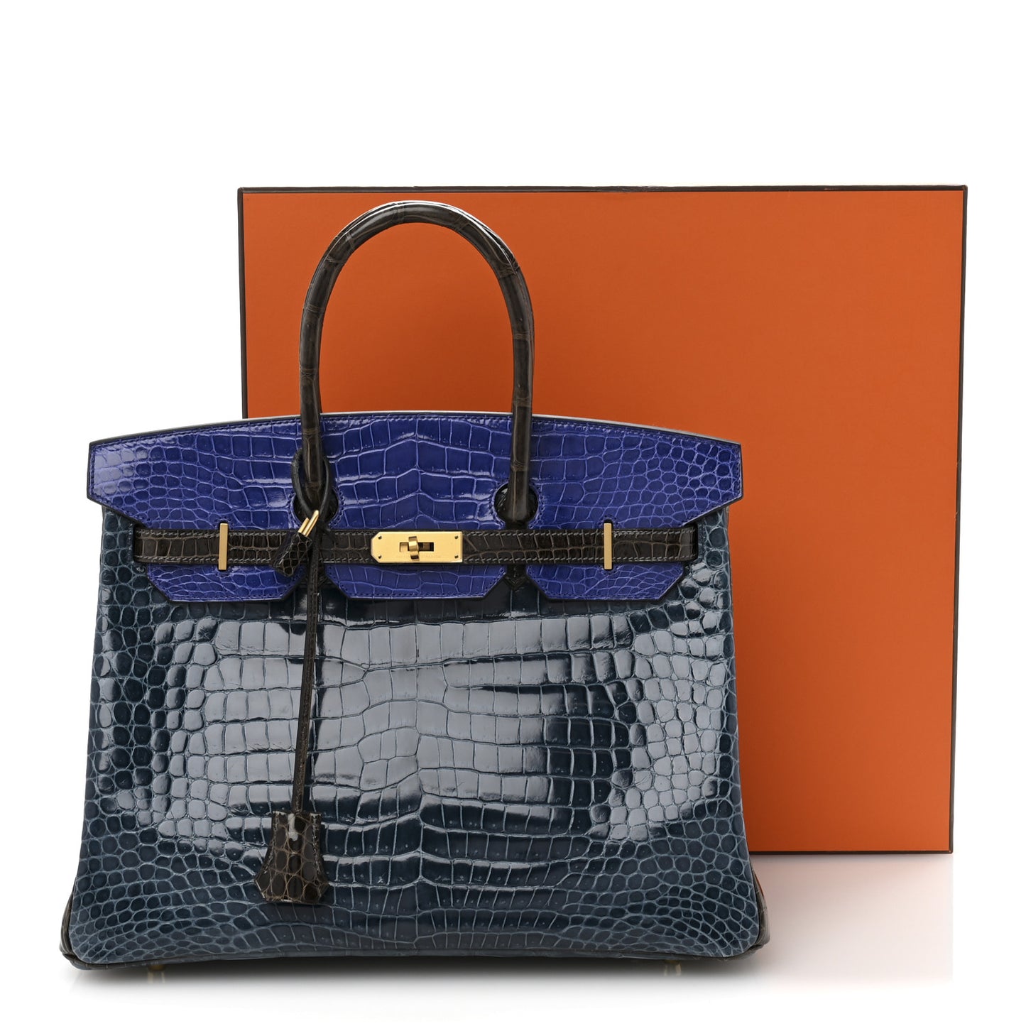 Shiny Porosus Crocodile Horseshoe Birkin 35 Havane Bleu Electrique Bleu Roi