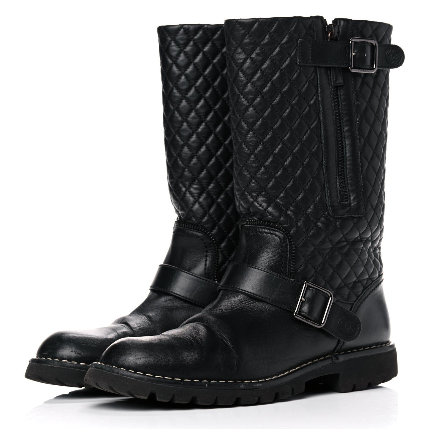 Calfskin Quilted Biker Boots 40.5 Black
