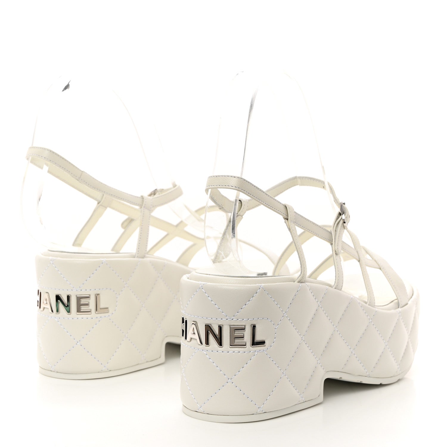 Chanel Calfskin Quilted Wedge Logo Sandals 37 White 4 of 8