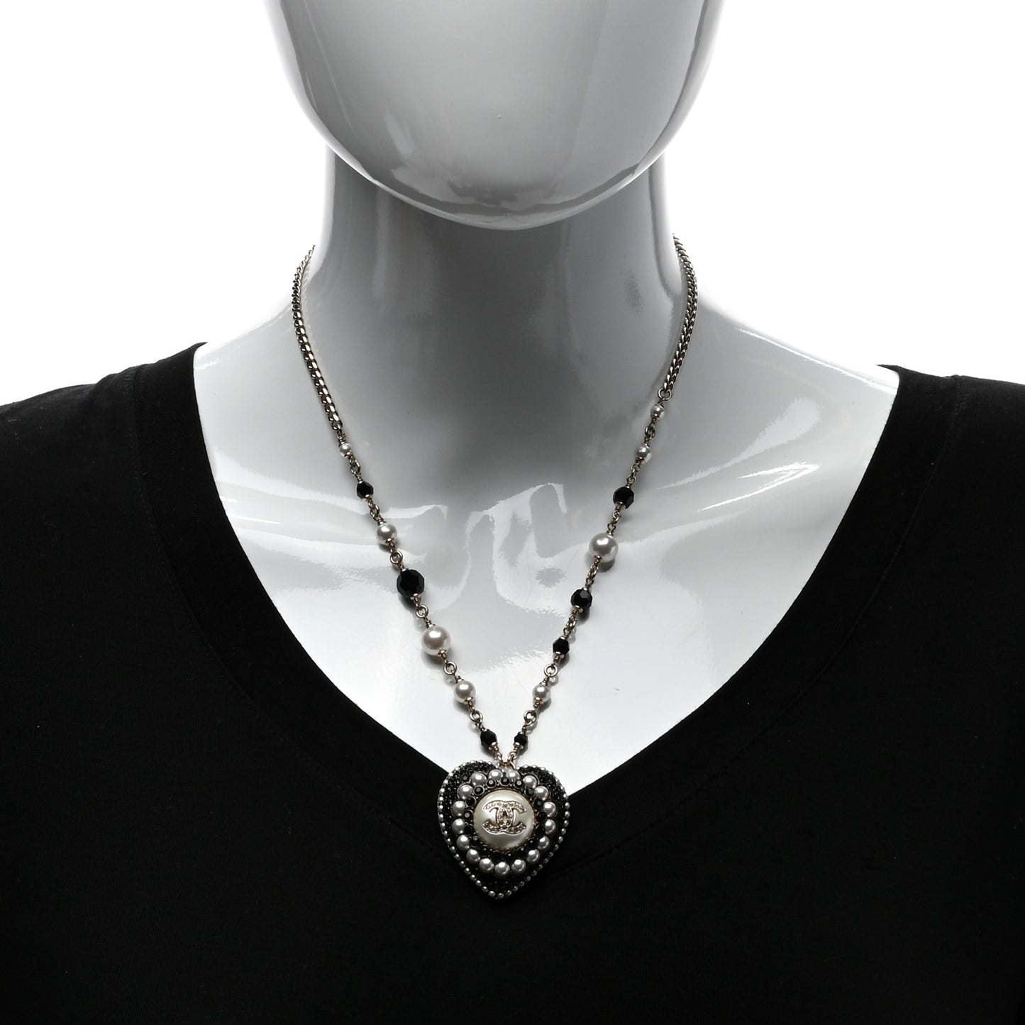 Pearl Bead Crystal CC Heart Necklace Gold Pearly White Black