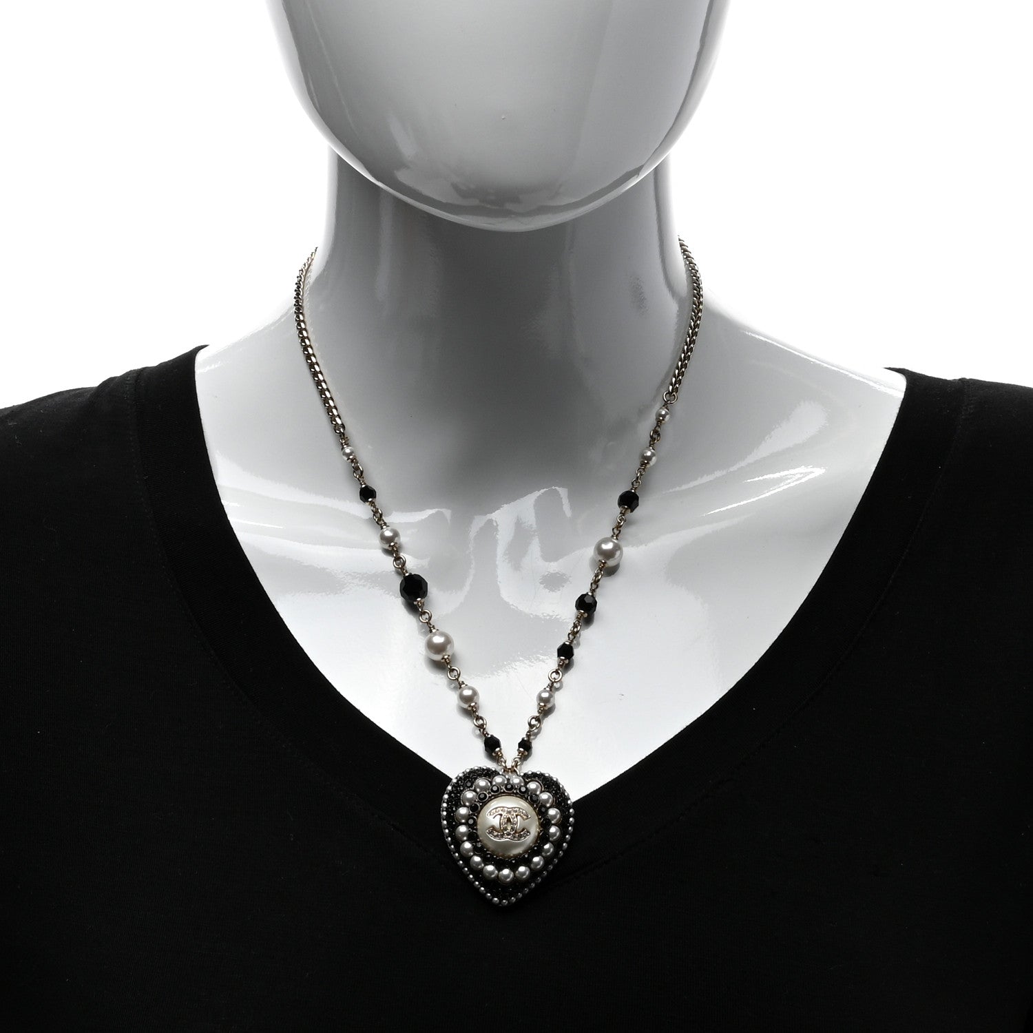 Chanel Pearl Bead Crystal CC Heart Necklace Gold Pearly White Black 2 of 4