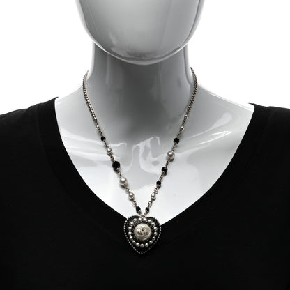 Chanel Pearl Bead Crystal CC Heart Necklace Gold Pearly White Black 2 of 4