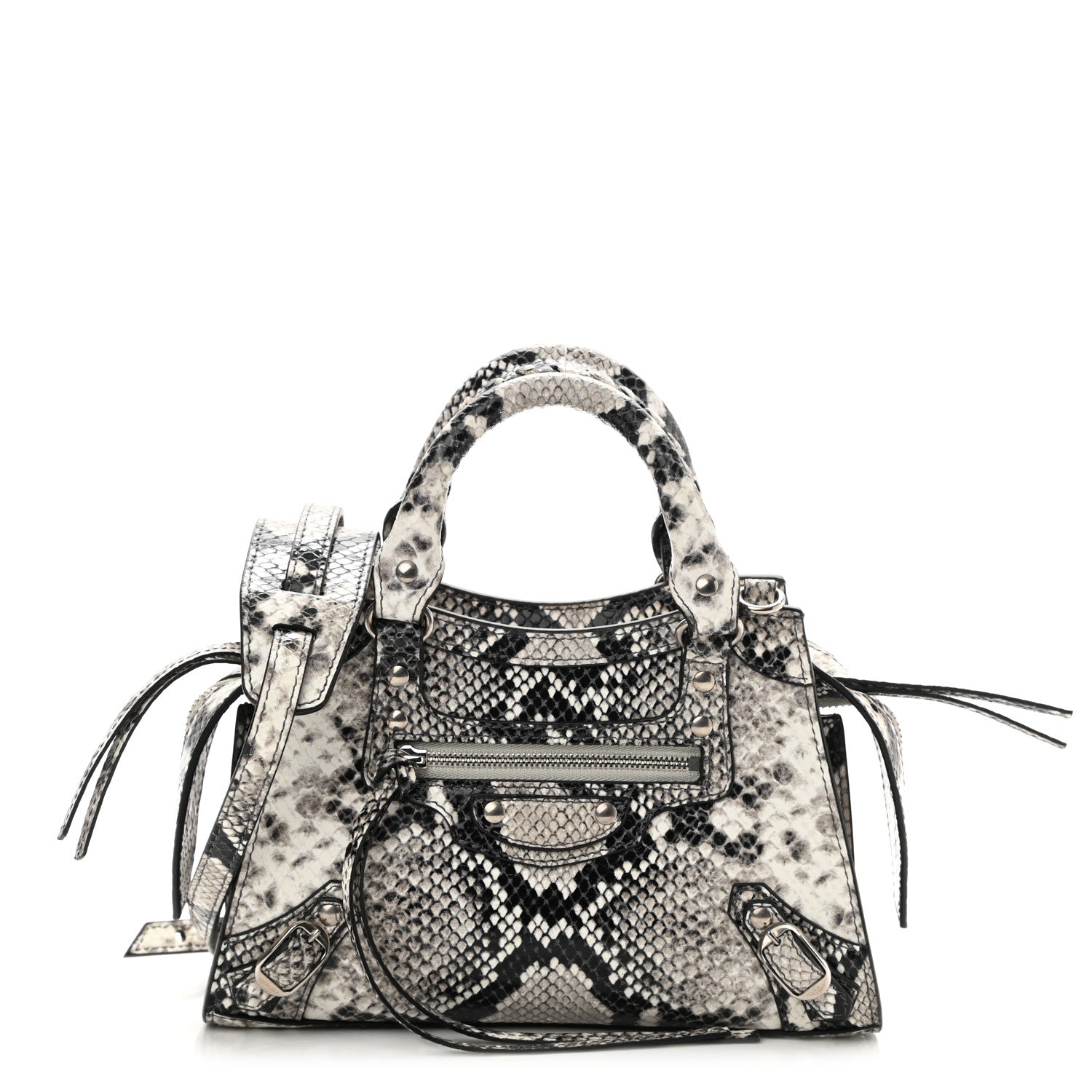 Balenciaga Grained Calfskin Snake Effect Neo Classic Silver Hardware Mini City Black White 1 of 7