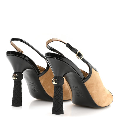 Chanel Suede Calfskin Patent Calfskin Slingback Sandals 39.5 Beige Black 5 of 9