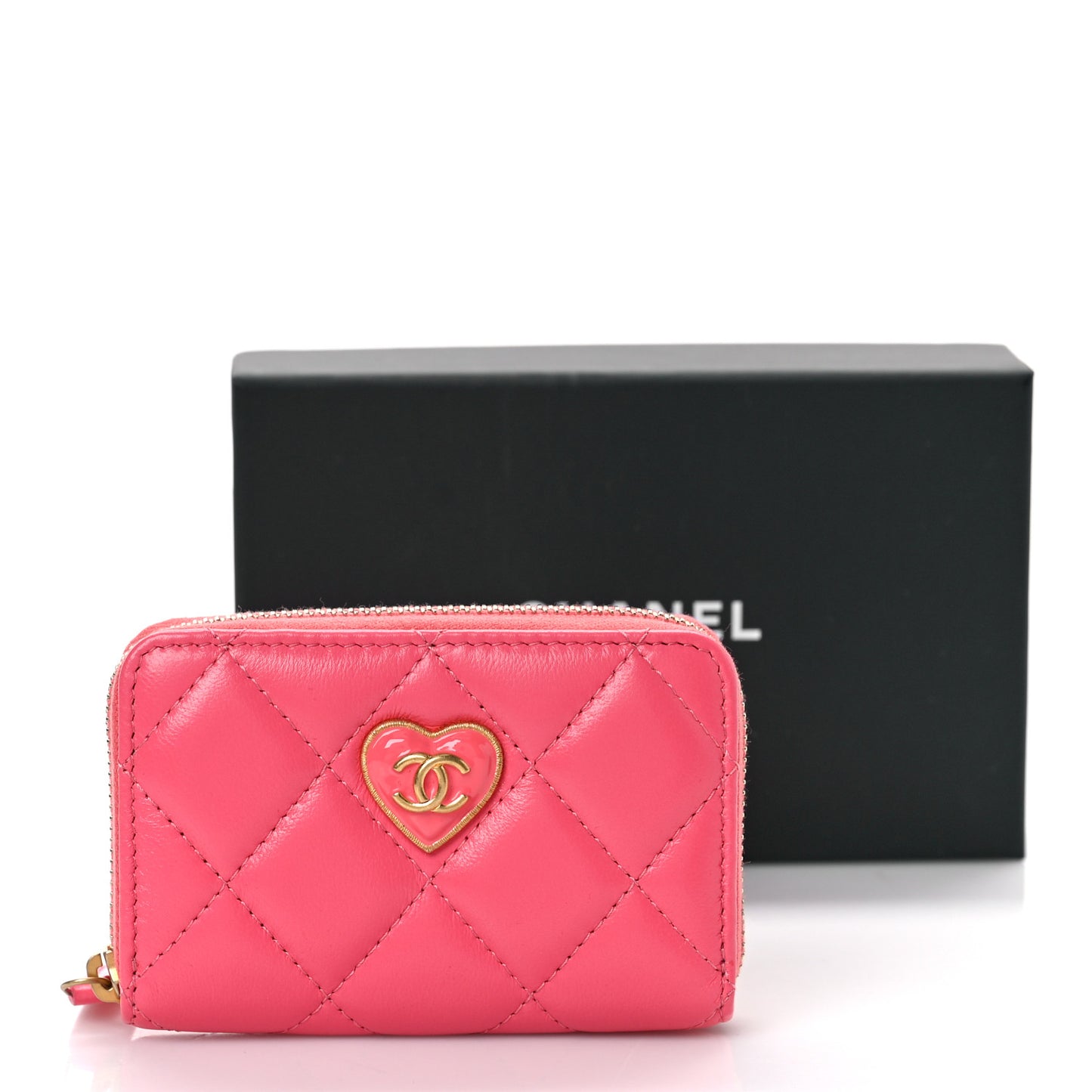 Lambskin Plexiglass Quilted Coco Love Zip Coin Purse Pink