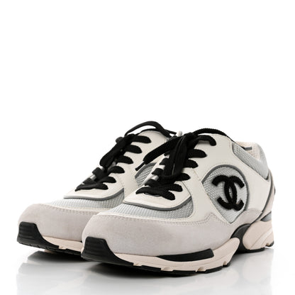 Chanel Nylon Calfskin Suede Womens CC Sneakers 37.5 Grey White 3 of 9