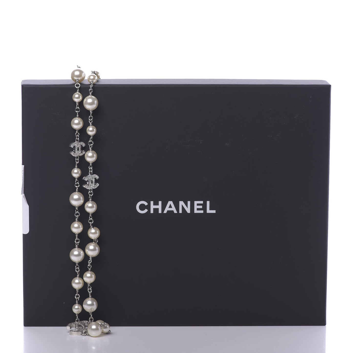 Graduated Pearl Crystal CC Long Necklace Silver