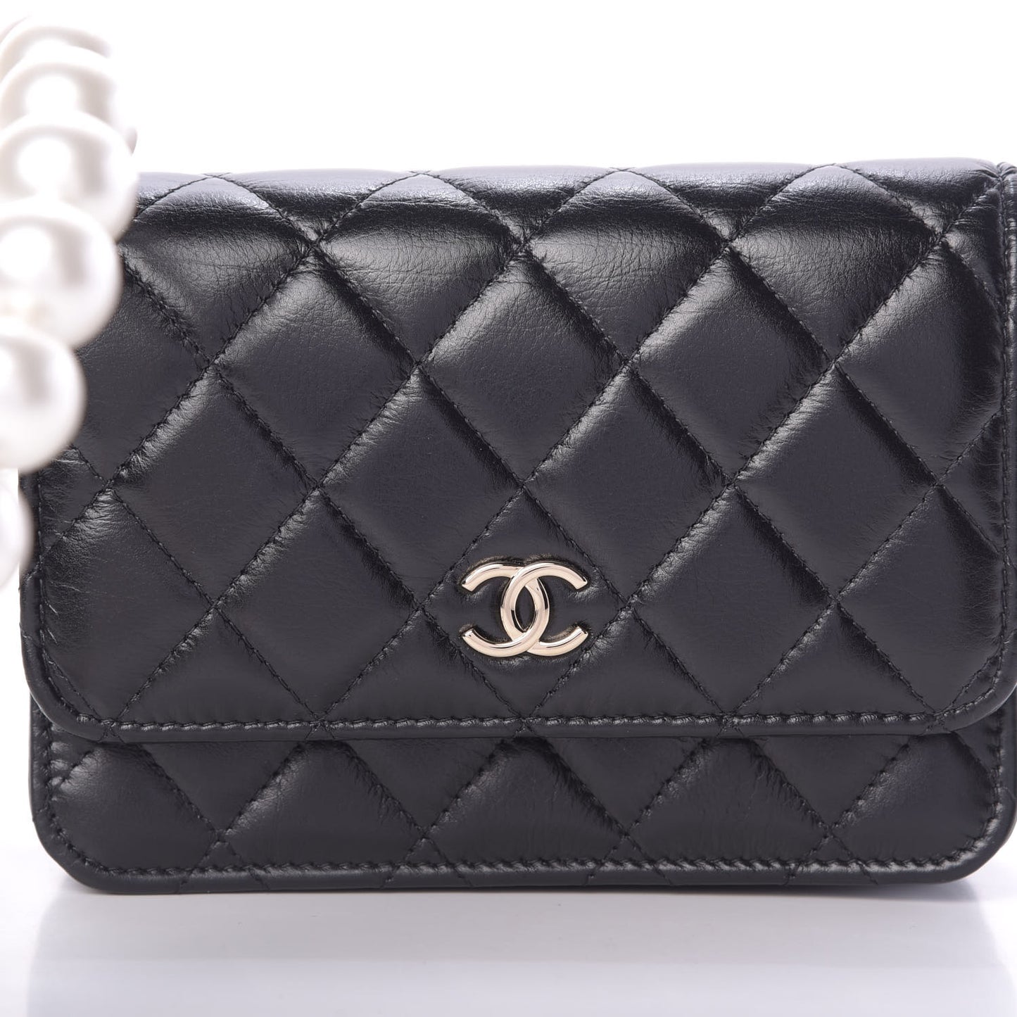 Calfskin Quilted Mini Maxi Pearls Wallet On Chain WOC Black