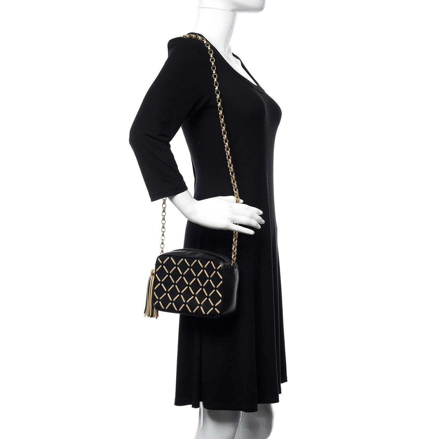 Chanel Lambskin Stitched Tassel Camera Case Black Beige 2 of 13