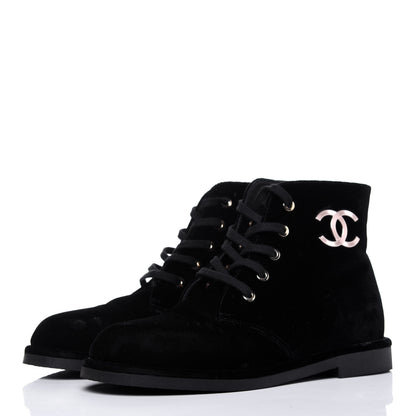 Chanel Velvet CC Lace Up Boots 36.5 Black 3 of 13