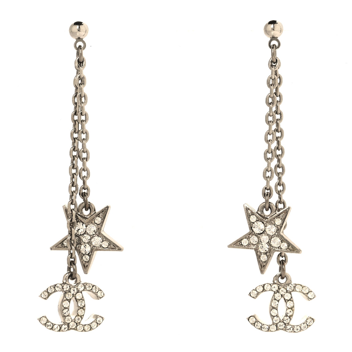 Chanel Crystal CC Star Dangle Earrings Silver 1 of 4