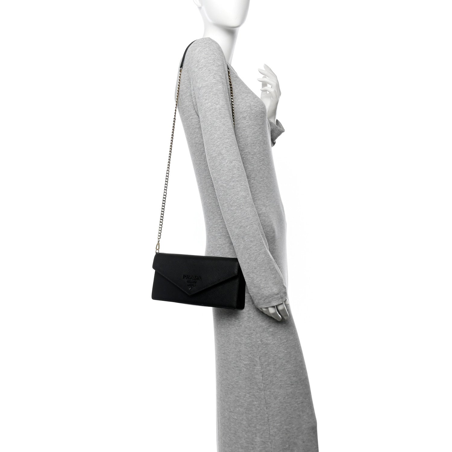 Prada Saffiano Cuir Calfskin Monochrome Envelope Wallet on Chain Shoulder Bag Black 2 of 16
