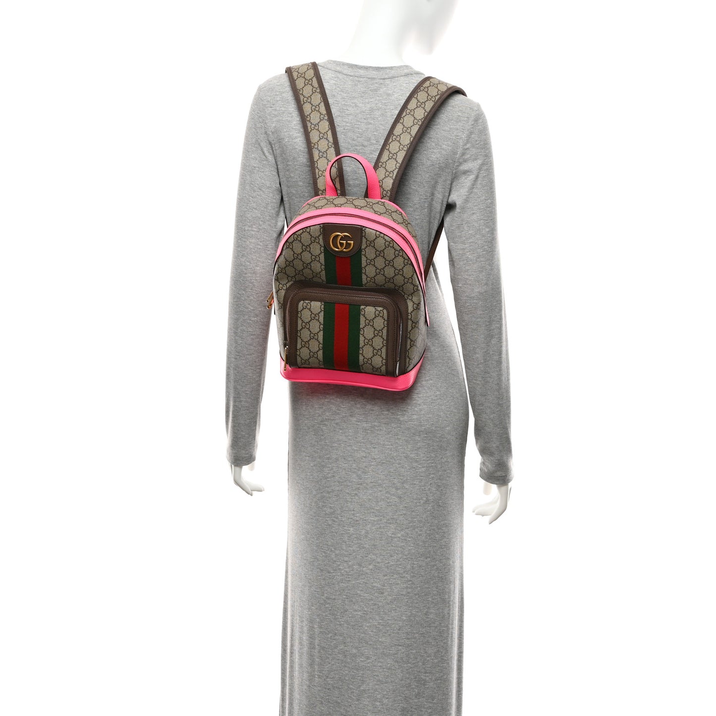 GG Supreme Monogram Textured Dollar Calfskin Web Small Ophidia Day Backpack Beige Ebony Fluorescent Fuchsia