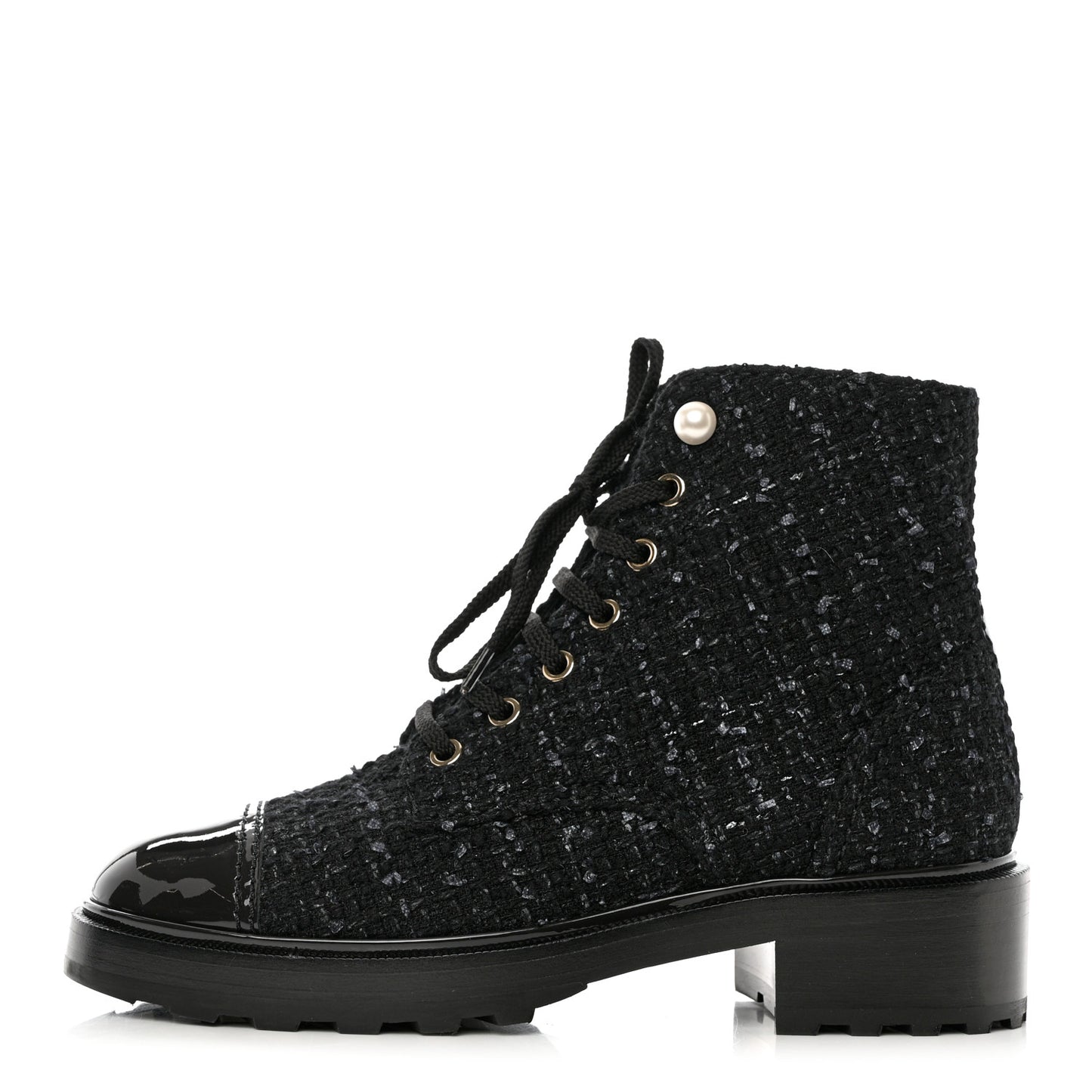 Tweed Patent Calfskin Pearl Combat Short Boots 39 Black Grey Blue