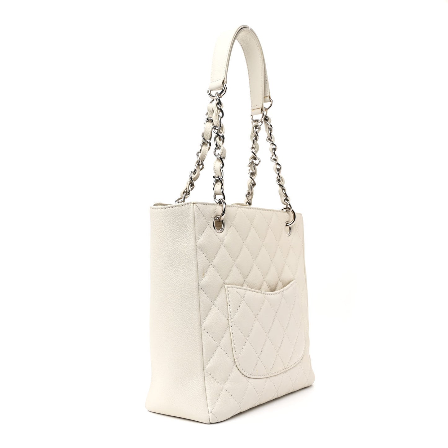 Caviar Quilted Petit Shopping Tote PST White
