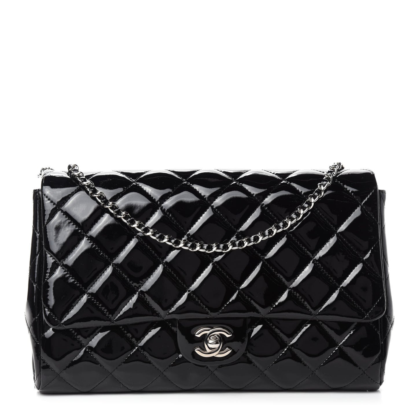 Patent Quilted Clutch with Chain Flap Black