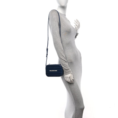Balenciaga Shiny Calfskin Logo Crocodile Embossed XS Everyday Camera Bag Navy 2 of 11