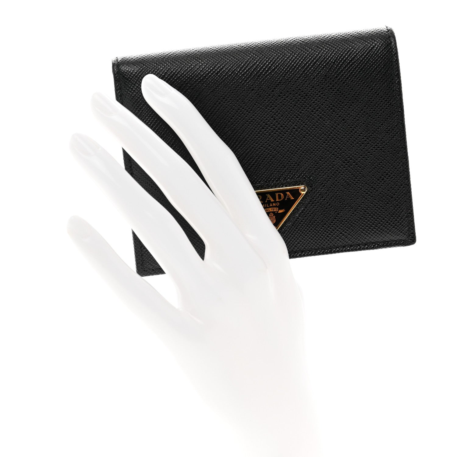Prada Saffiano Small Triangle Bi-Fold Wallet Black 2 of 7