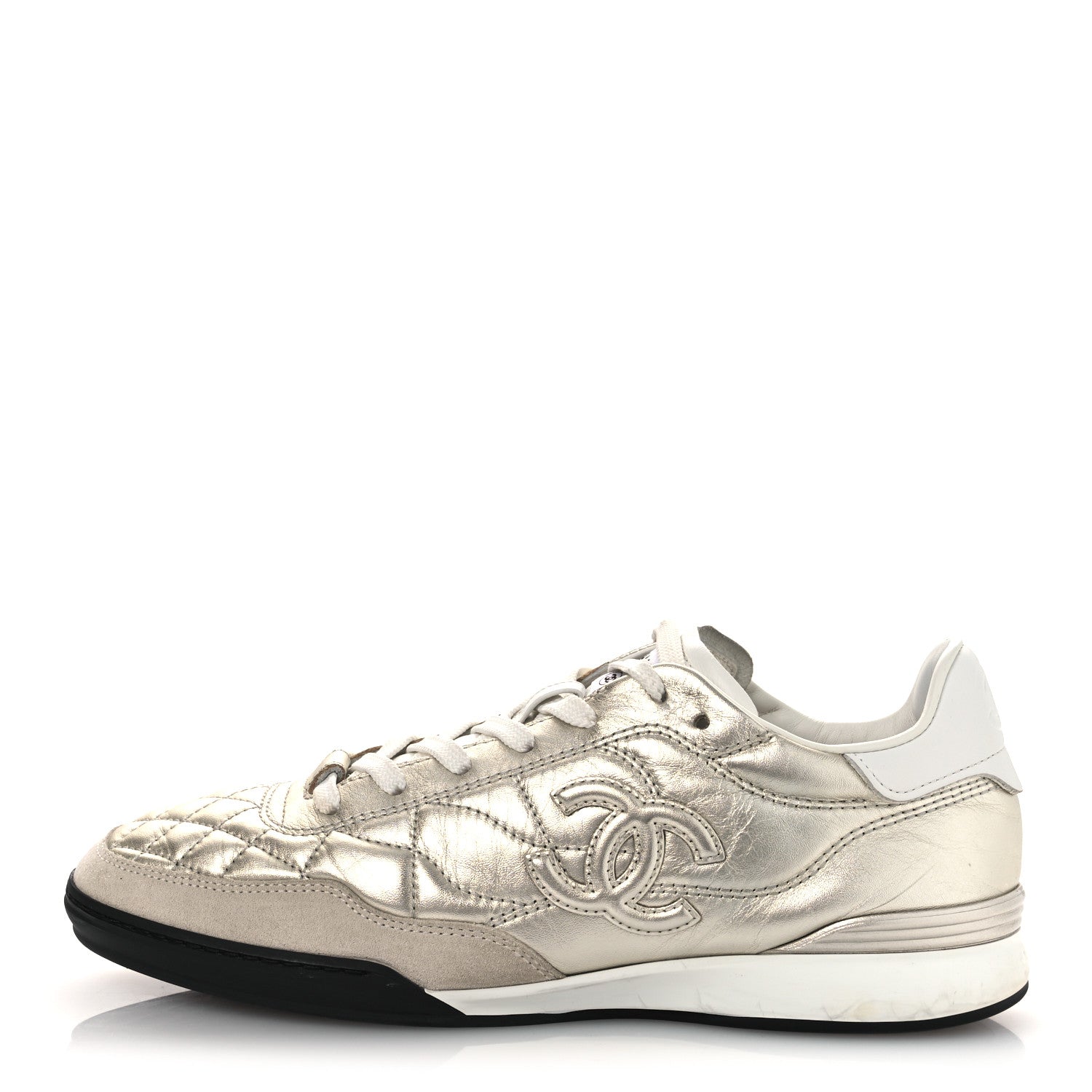 Chanel Laminated Calfskin Suede Quilted Womens CC Sneakers 39 Silver White 1 of 14