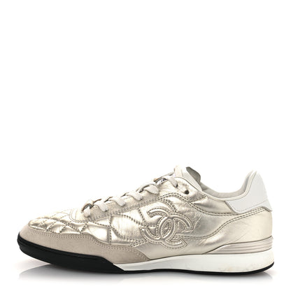 Chanel Laminated Calfskin Suede Quilted Womens CC Sneakers 39 Silver White 1 of 14