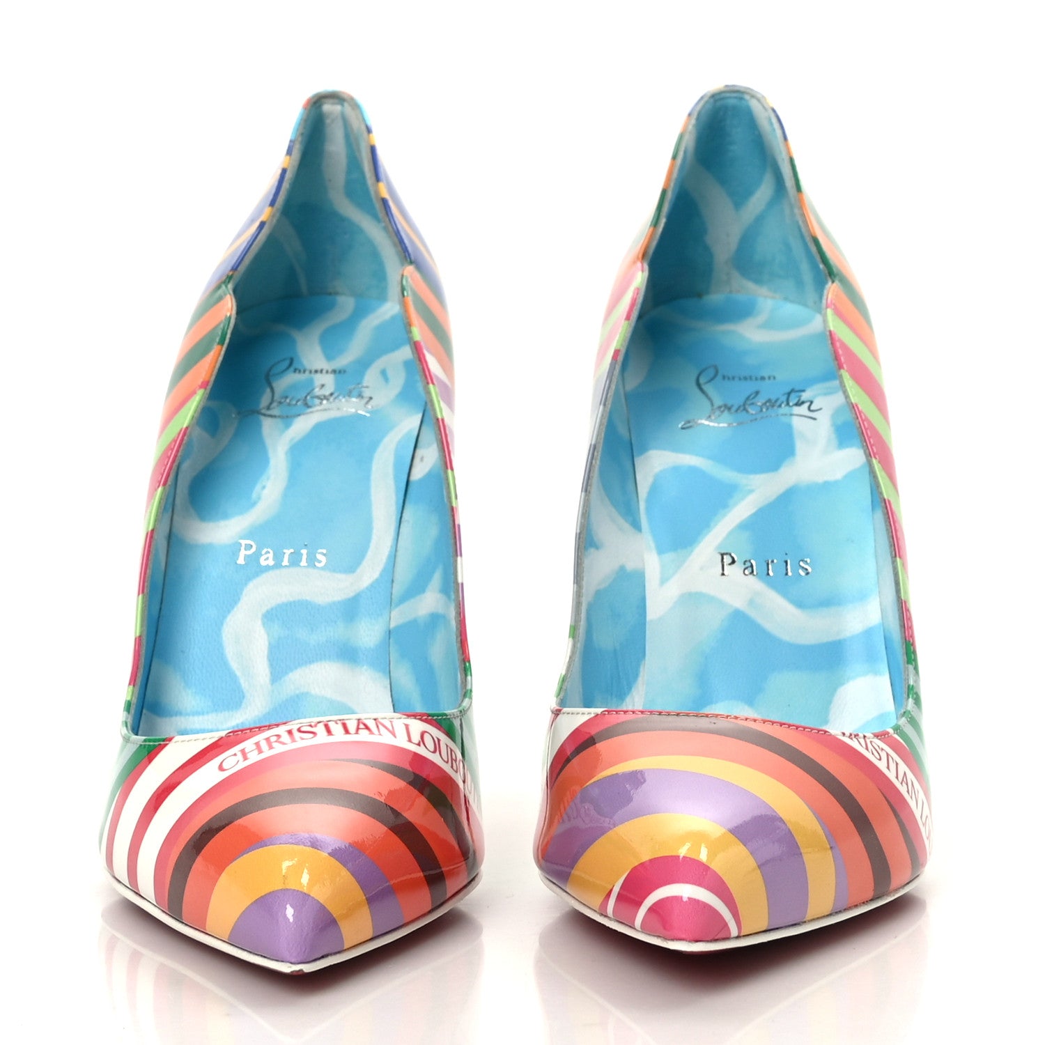 Christian Louboutin Patent Striped Grand Bain Swimming Pool Hot Chick 100 Pumps 38 Multicolor Lin Blue White 2 of 10