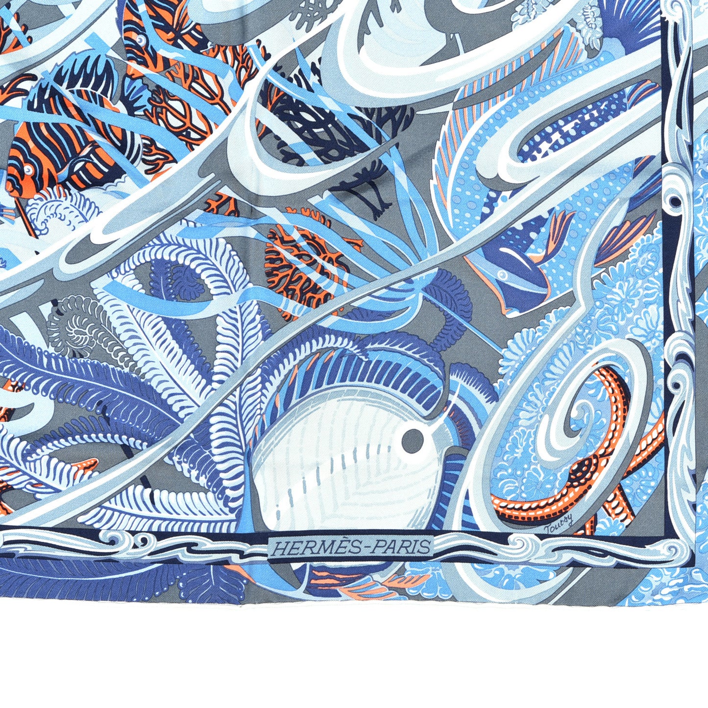 Silk De la Mer Au Ciel Scarf 90 Blue Jean Ceil Corail