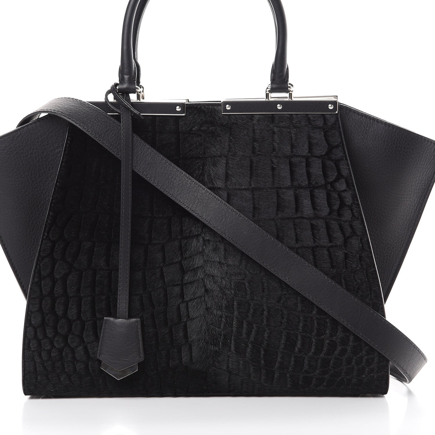 Fendi Vitello Pelo Flamingo Crocodile Embossed Petite 3Jours Tote Black 7 of 12