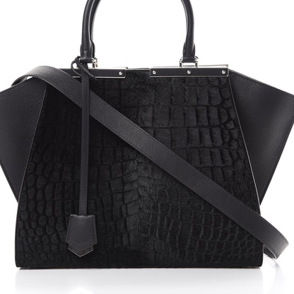 Fendi Vitello Pelo Flamingo Crocodile Embossed Petite 3Jours Tote Black 7 of 12