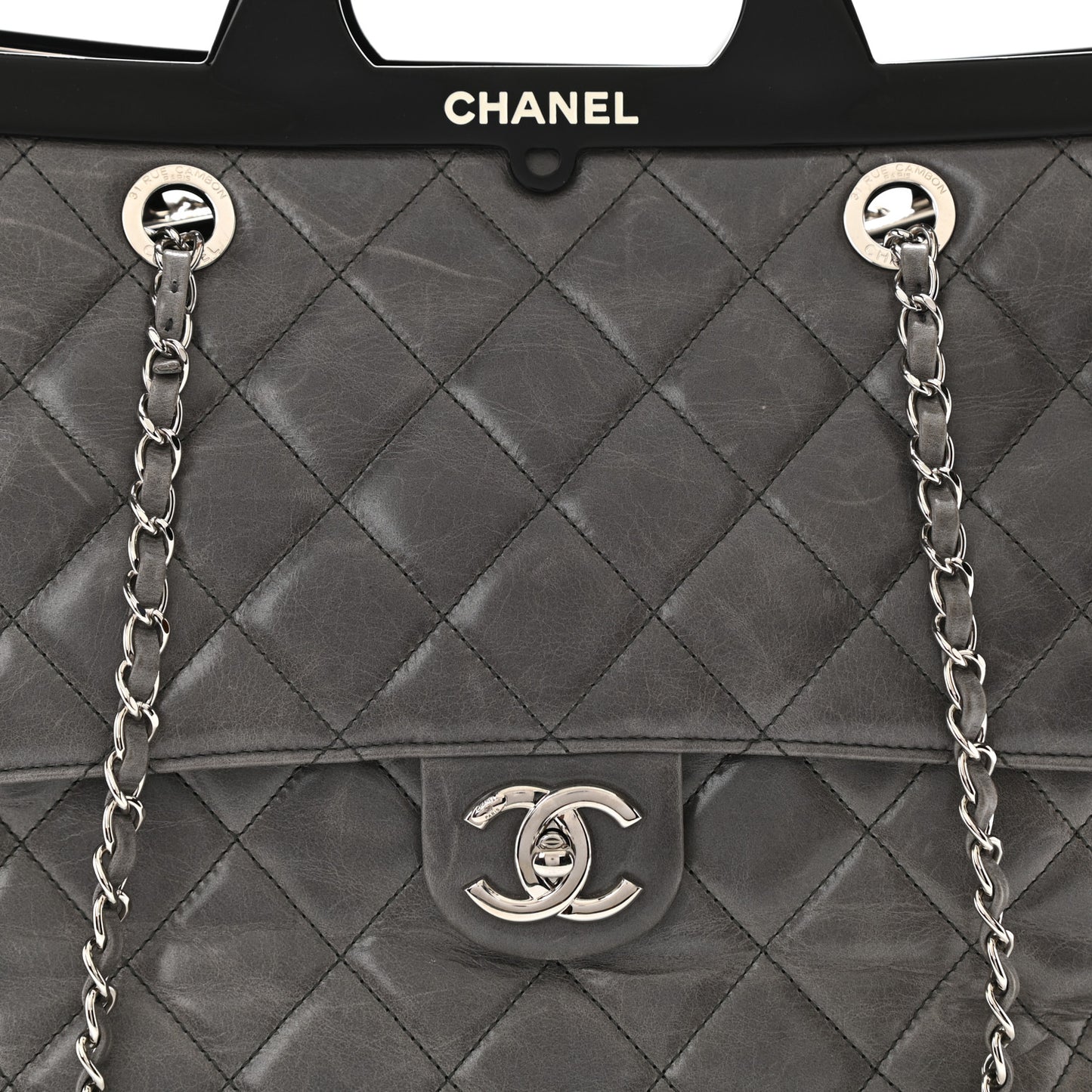 Glazed Calfskin Quilted Large CC Delivery Tote Grey