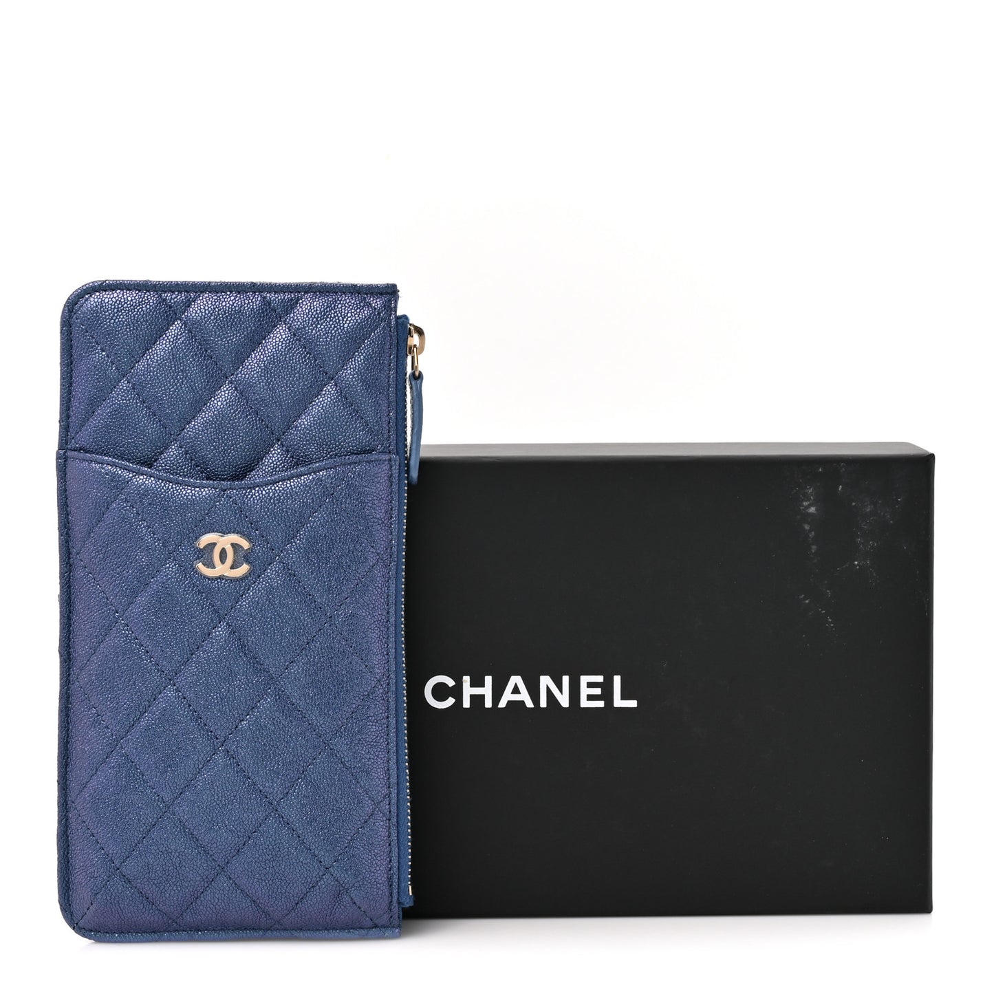 Iridescent Caviar Quilted Classic iPhone Pouch Dark Blue