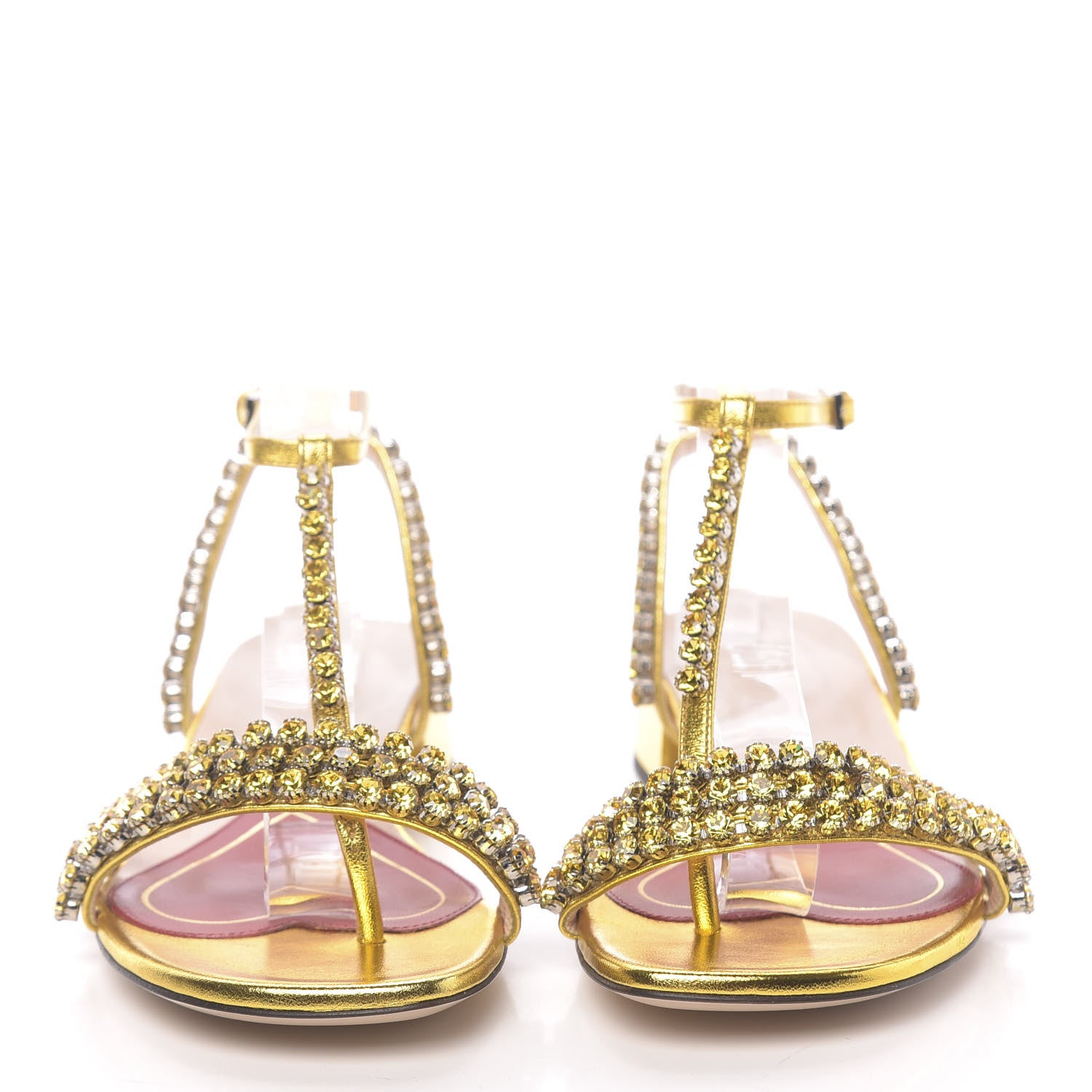 Gucci Nappa Silk Crystal Bertie T-Strap Low Heel Sandals 36 Gold 2 of 9