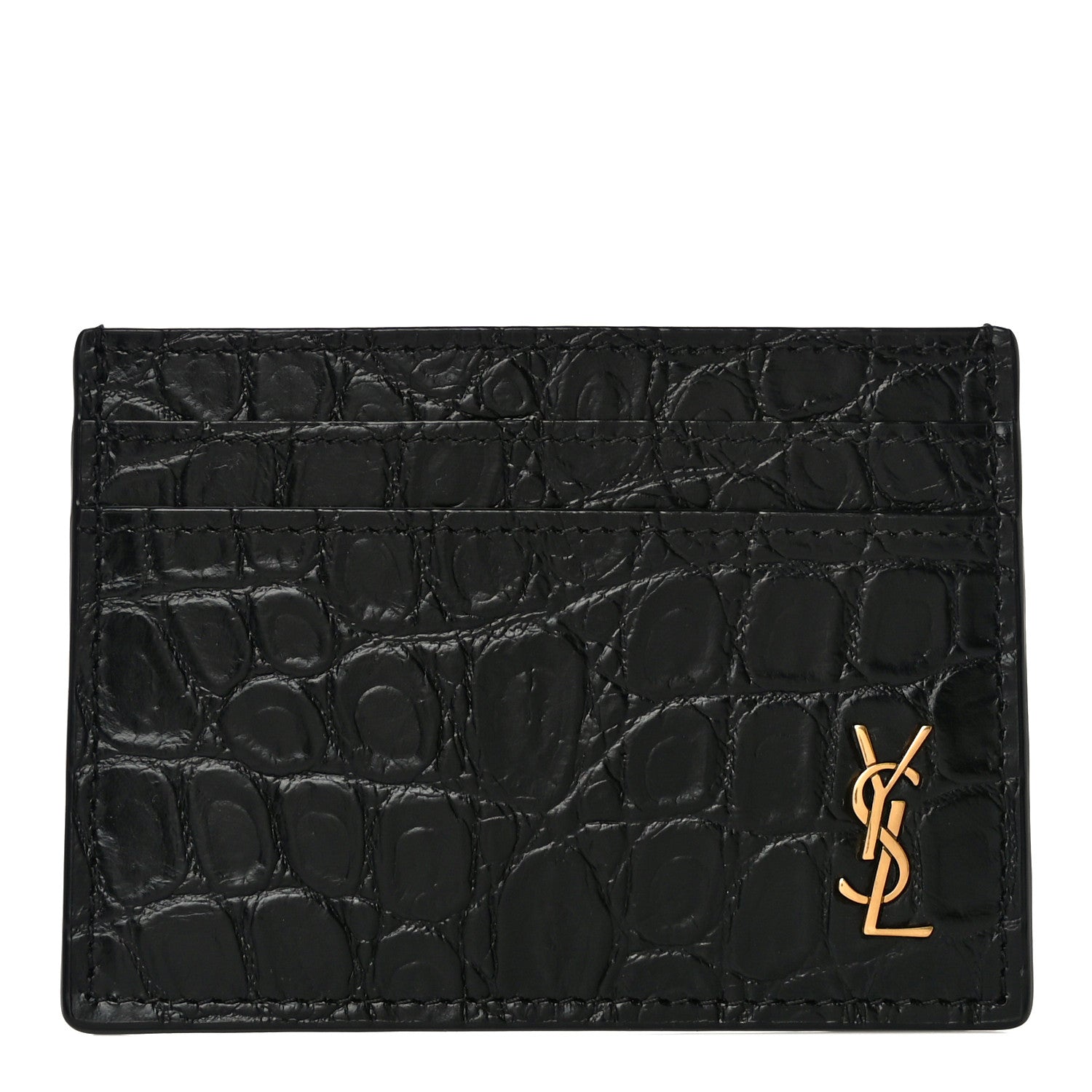 Saint Laurent Calfskin Crocodile Embossed Monogram Tiny Cassandra Credit Card Case Black 1 of 11