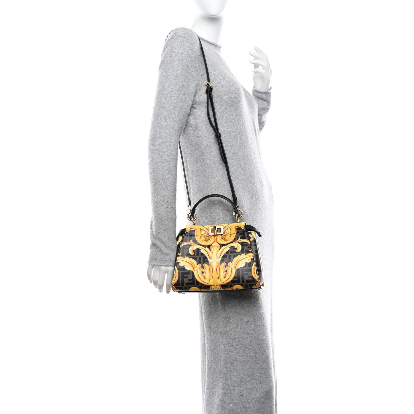 X VERSACE Vitello Seta Nappa Fendace FF Baroque Mini Peekaboo Iconic Satchel Tobacco Black Gold