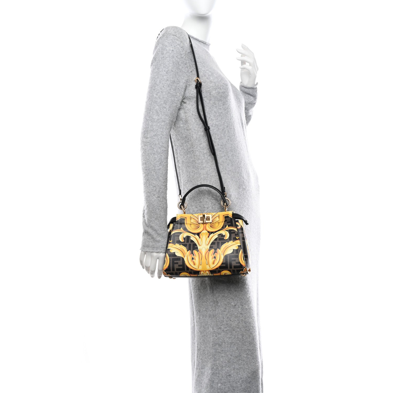 Fendi X VERSACE Vitello Seta Nappa Fendace FF Baroque Mini Peekaboo Iconic Satchel Tobacco Black Gold 2 of 9