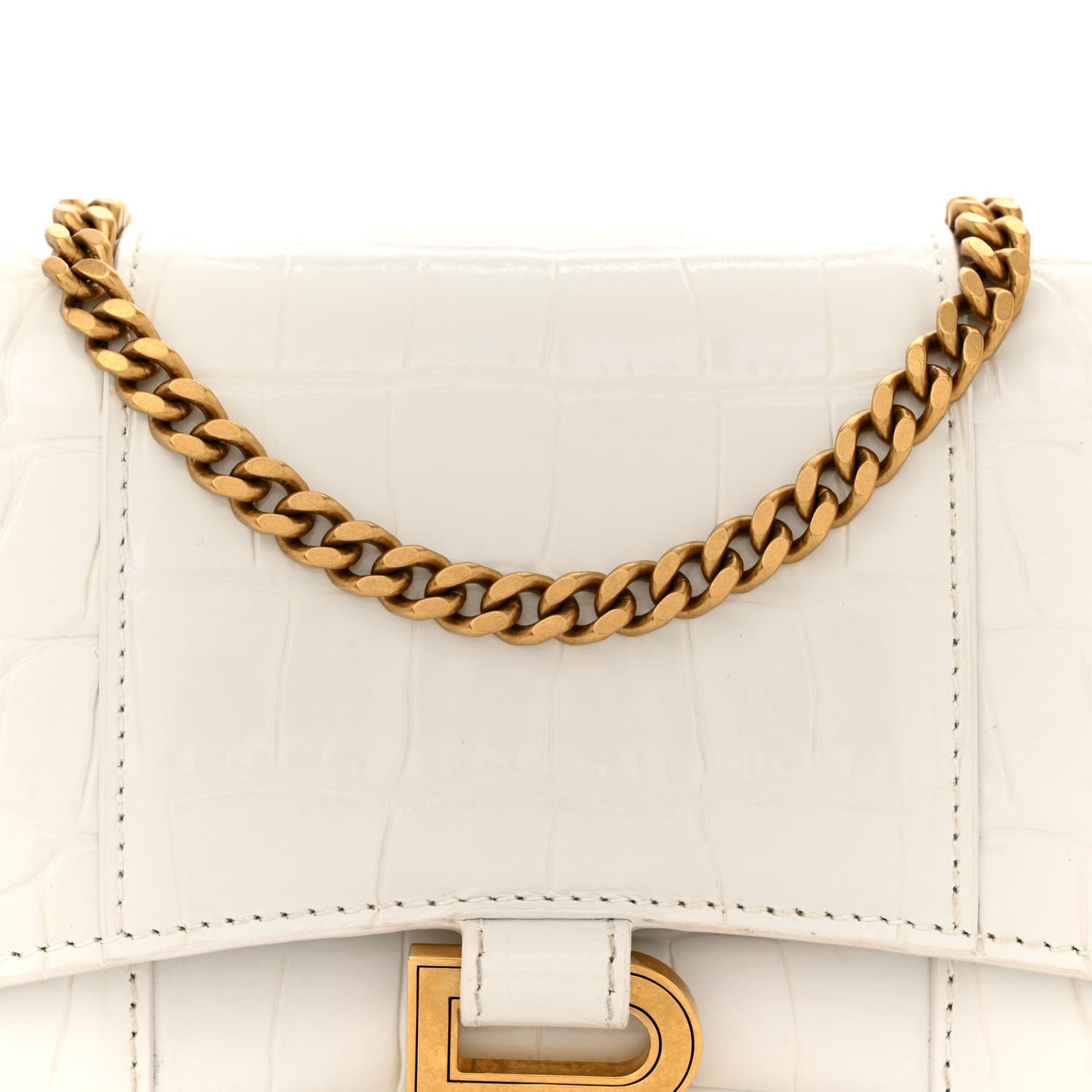 Shiny Calfskin Crocodile Embossed Hourglass Chain Bag Cream