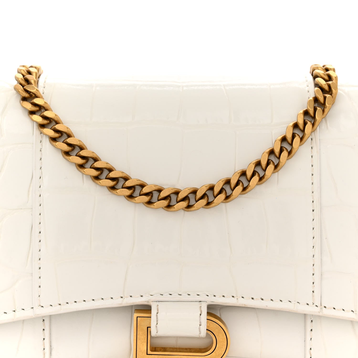 Balenciaga Shiny Calfskin Crocodile Embossed Hourglass Chain Bag Cream 7 of 14