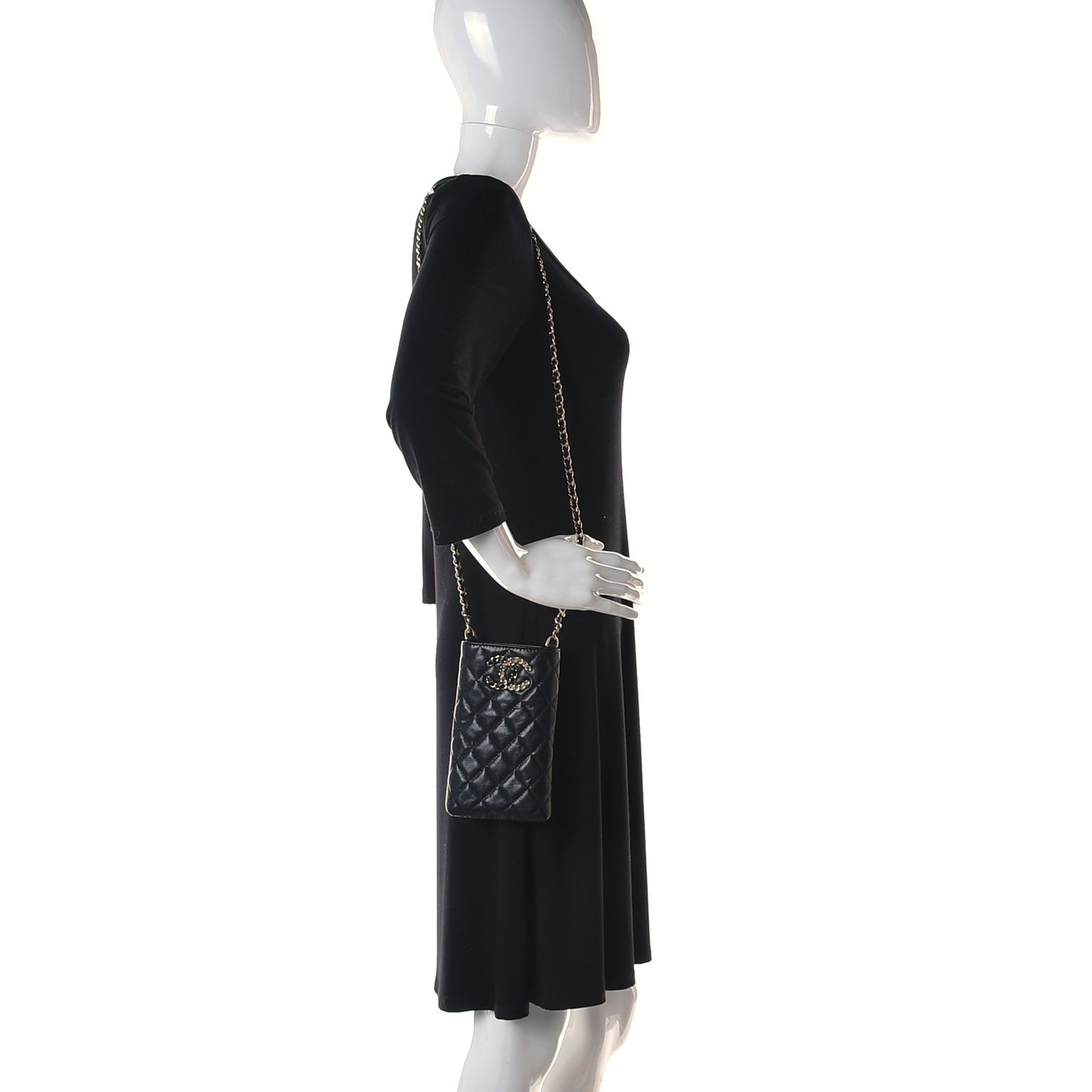 Caviar Quilted French New Wave Phone Holder With Chain Black