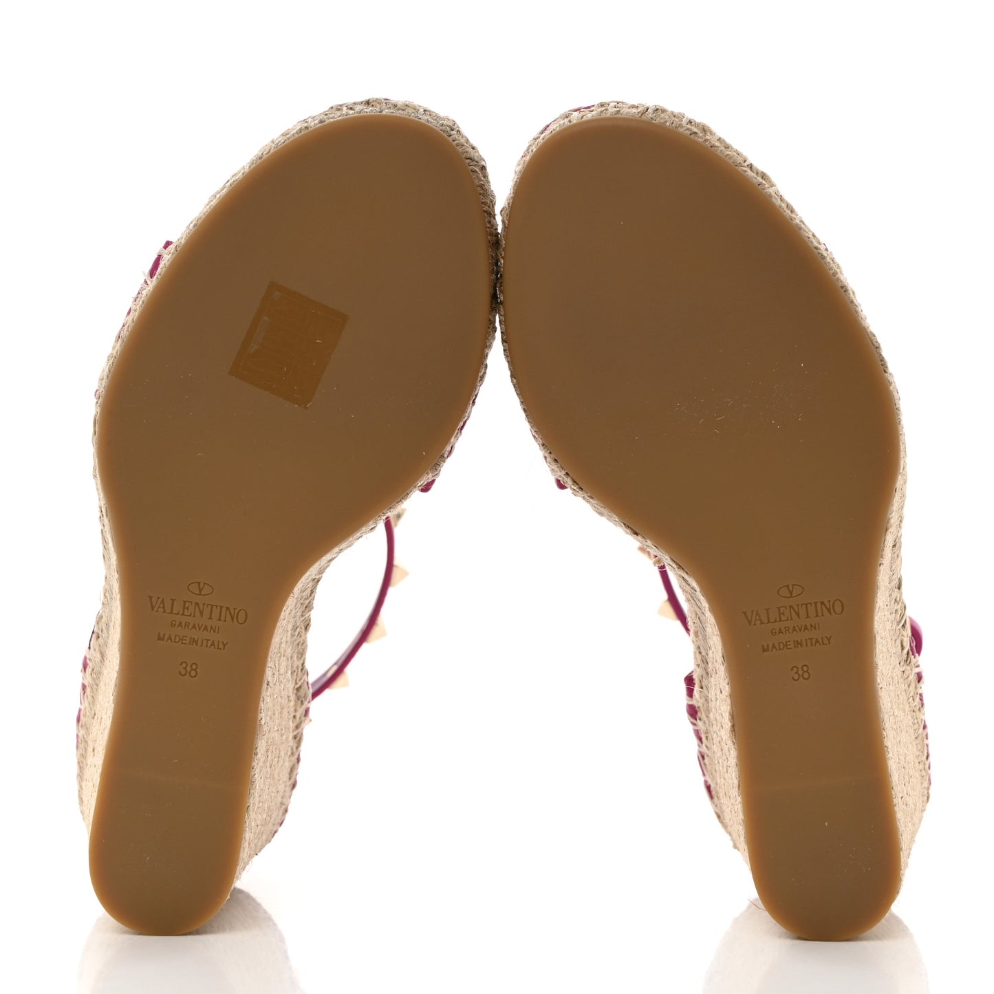 Grained Calfskin Rockstud Ankle Strap Espadrille 15/105mm Wedge Sandals 38 Rose Violet Prune