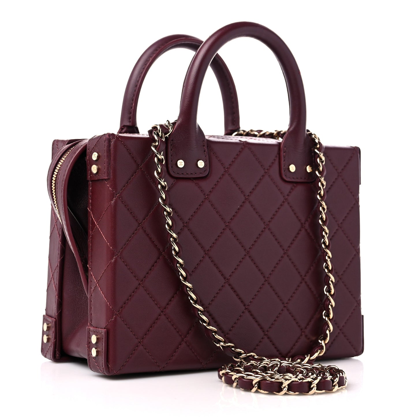 Calfskin Quilted Studded Square Vanity Case Burgundy