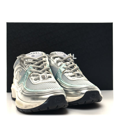 Chanel Fabric Laminated Calfskin Stretch CC Womens Sneakers 37 Green Silver 8 of 8