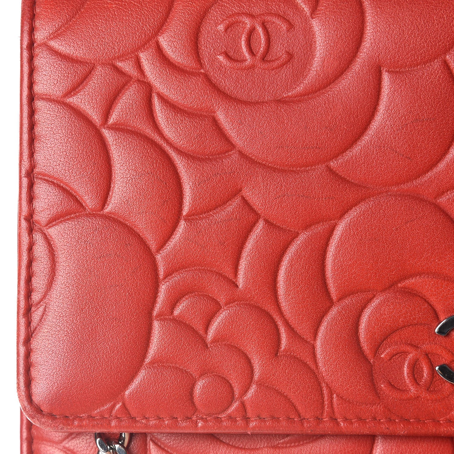 Chanel Lambskin Camellia Embossed Wallet On Chain WOC Red 16 of 17