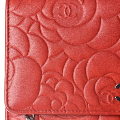 Chanel Lambskin Camellia Embossed Wallet On Chain WOC Red 16 of 17