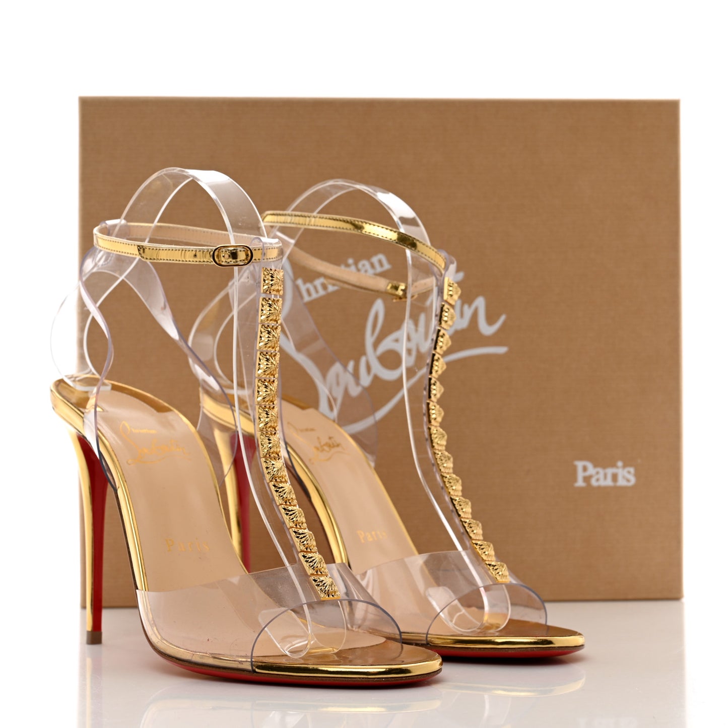 PVC Spiked Jamais Assez 100 T-Strap Sandals 38.5 Gold