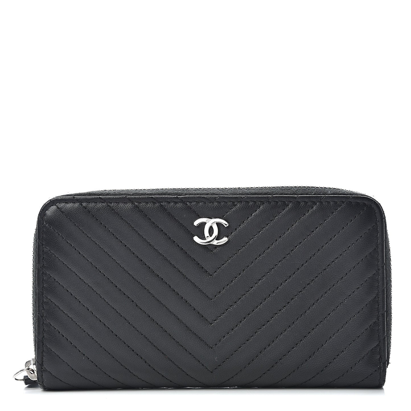 Lambskin Chevron Quilted Small Zip Around Wallet Black