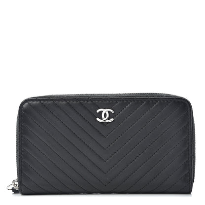 Chanel Lambskin Chevron Quilted Small Zip Around Wallet Black 1 of 11