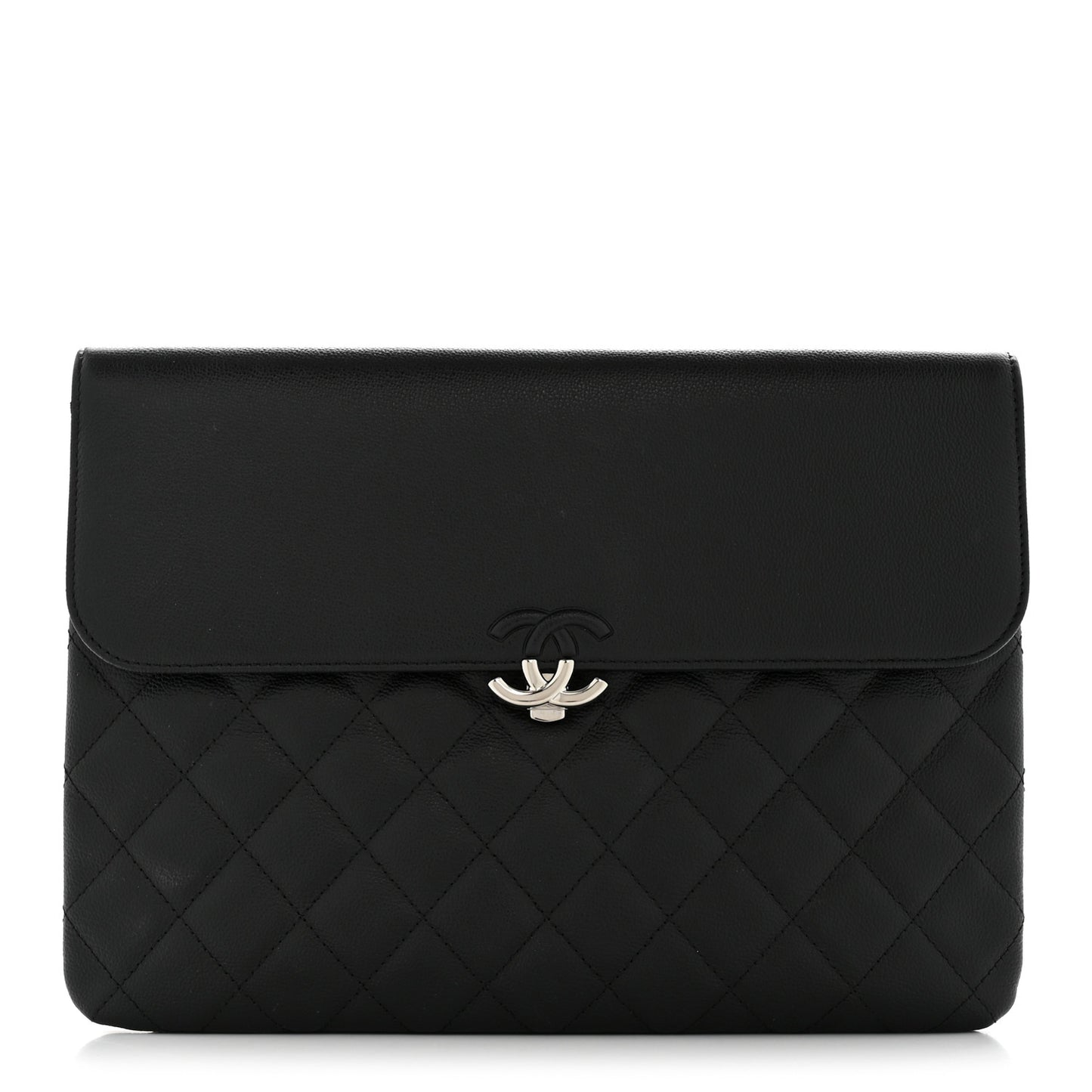 Grained Calfskin Quilted CC Box Pouch Black