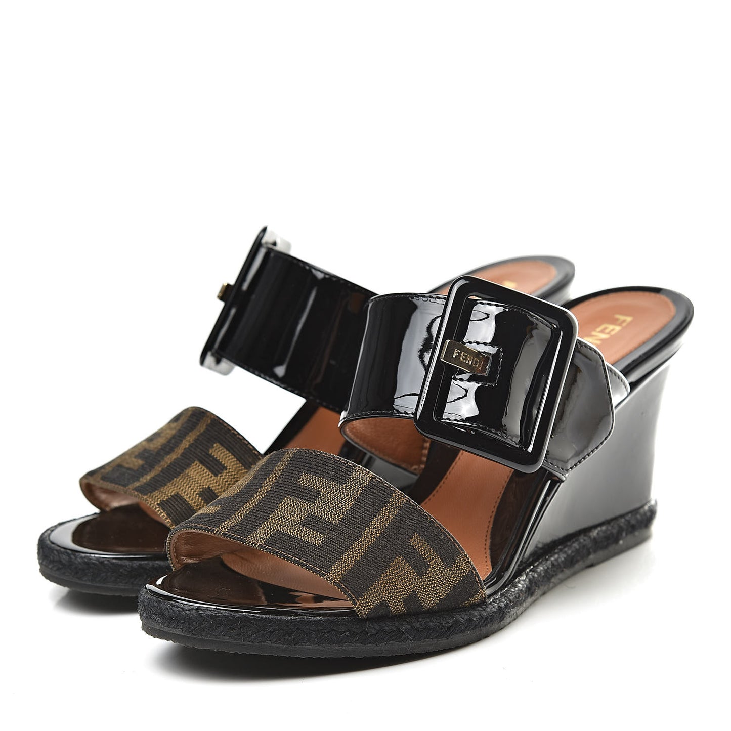 Patent Fabric FF Wedge Sandals 36 Tobacco Black